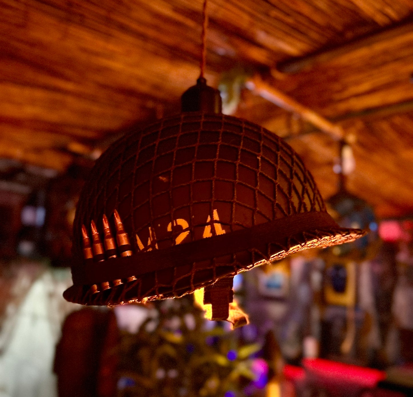 Mortarman Tiki Trench Art Assemblage Pendant Lamp