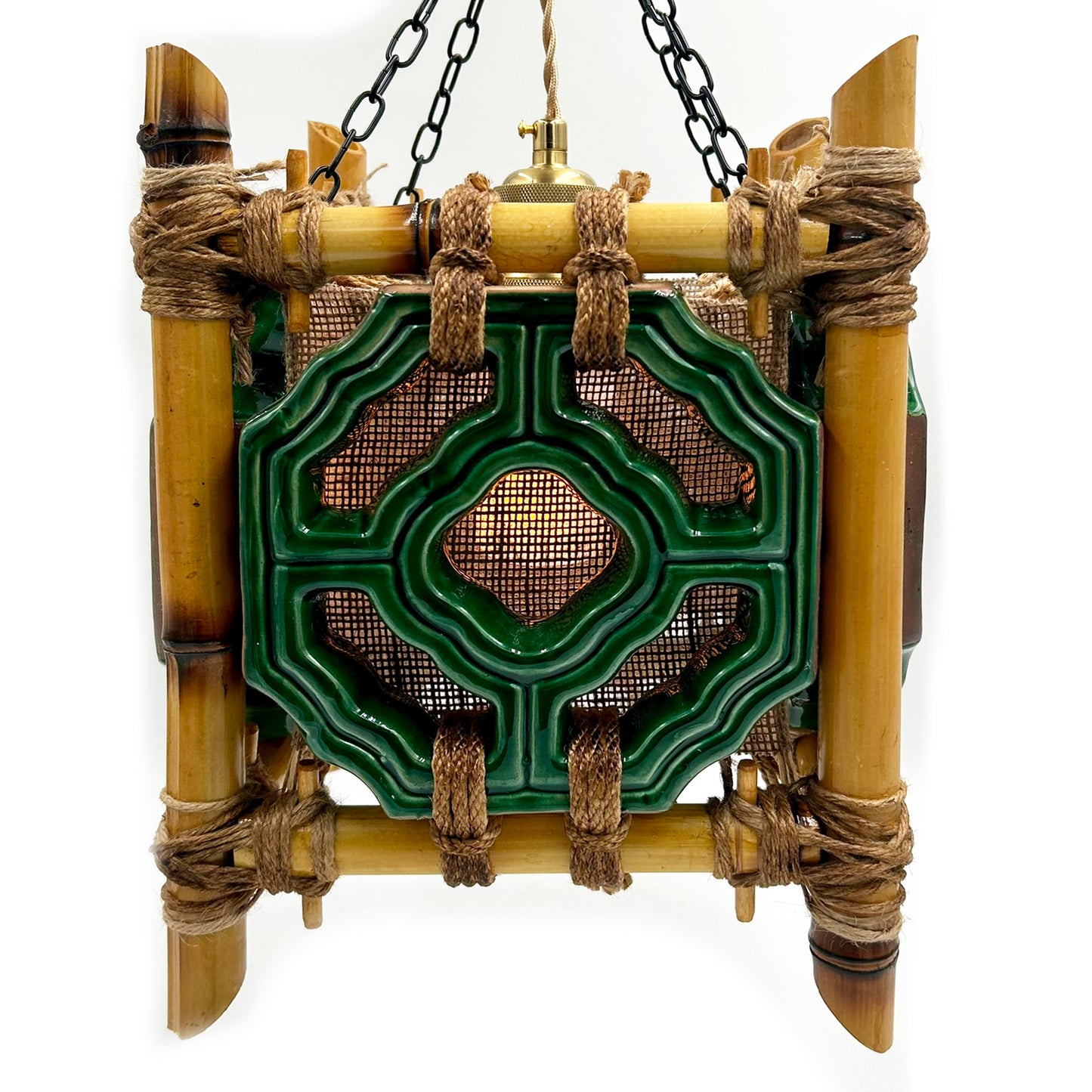 Square Tiki Jade Breezeway Tile Bamboo Pendant Lamp